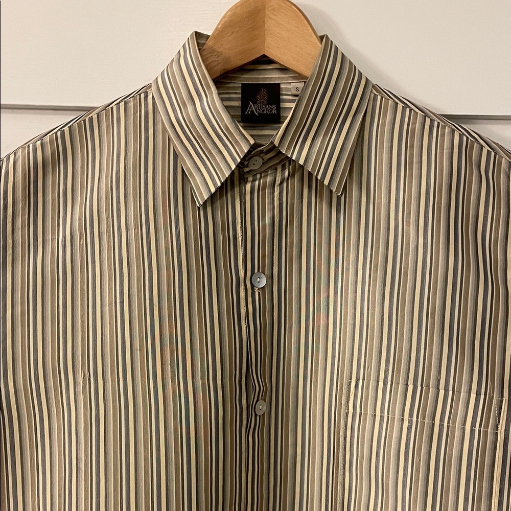 Men's Silk Striped Button-Down Shirt in Black and Tan